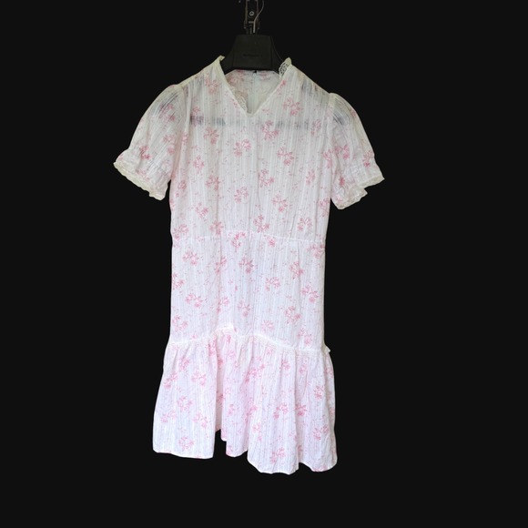 American Vintage Dresses & Skirts - Vintage Coquette Pink Floral Lace Dobby Tiered Mini Dress Love Shack Fancy Style